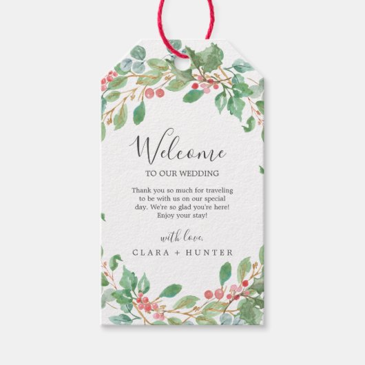 クリスマスグリーン&レッドベリ結婚ーの歓迎 ギフトタグ (正面)