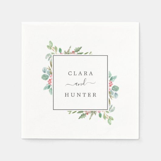 クリスマスグリーン&レッドベリ結婚ーズ スタンダードカクテルナプキン (正面)