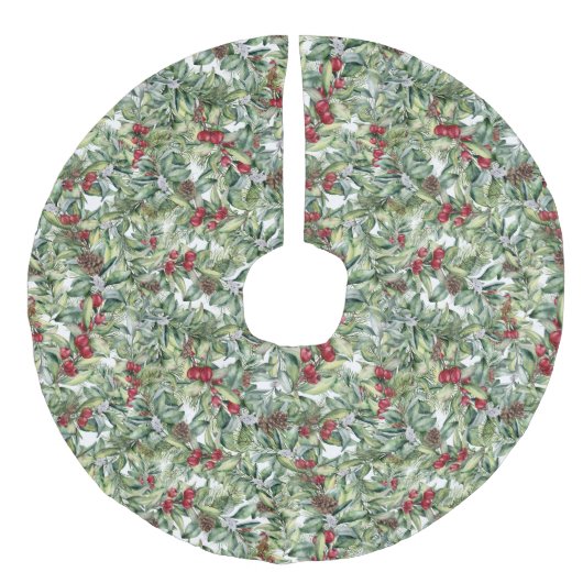 クリスマスグリーン、松のコーン&ベリーの水色 フェイクリネンツリースカート (正面)