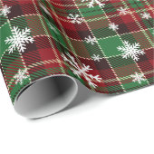 クリスマスグリーン、白い雪片を付けた赤い格子縞 ラッピングペーパー (ロールコーナー)