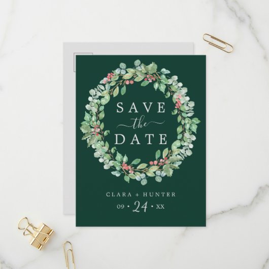クリスマスグリーン |緑のリース日付の保存 インビテーションポストカード (正面/裏面インサイチュ)