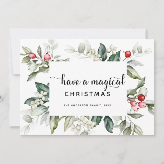 クリスマスグリーン | 赤い果実グリーティングカード 招待状 (正面)