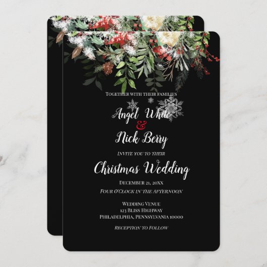 クリスマスグリーン/雪片/ホリデー結婚ズ 案内状 (正面/裏面)