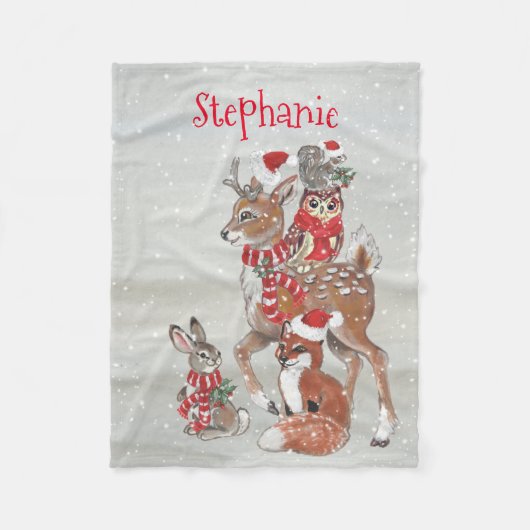 クリスマスグレイ冬の森の動物の鹿の名前 フリースブランケット (正面)