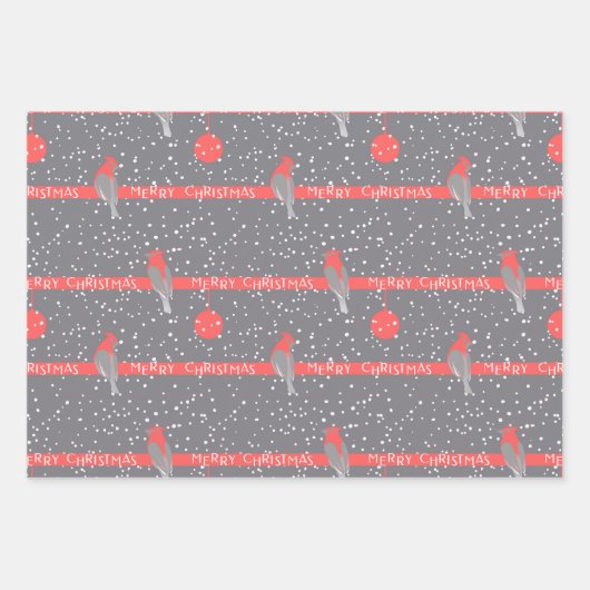 クリスマスグレーの白い赤い鳥の松 ラッピングペーパーシート (正面)
