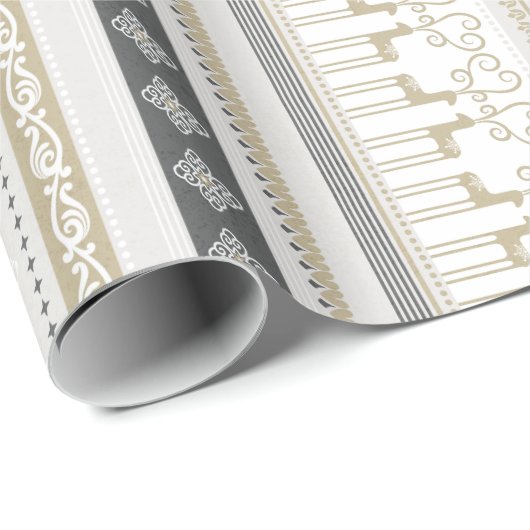 クリスマスグレーの黒いスノーフレークのトナカイストライプー ラッピングペーパー (ロールコーナー)