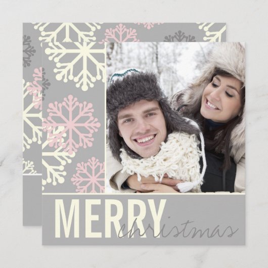 クリスマスグレー&ピンクスノーホリデーカード シーズンカード (正面/裏面)