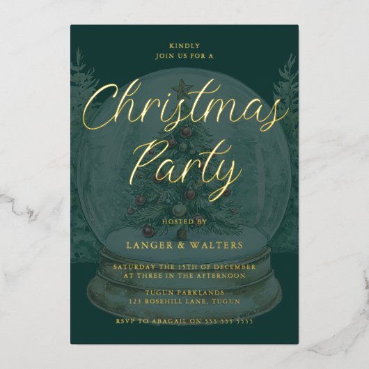 クリスマスグローブエメラルドグリーン&金ゴールドクリスマスパーティー 箔招待状 (正面)
