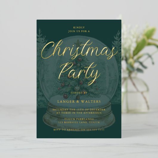 クリスマスグローブエメラルドグリーン&金ゴールドクリスマスパーティー 箔招待状 (立ち正面)