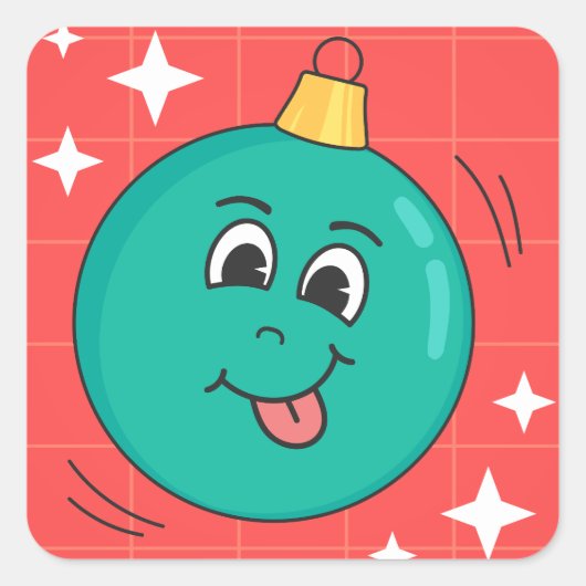 クリスマスグローブ顔スマイルハッピーレトロ漫画 スクエアシール (正面)