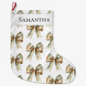 クリスマスグ素朴リーン金ゴールドボウパーソナライズされたウ ラージクリスマスストッキング (正面)