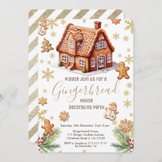 クリスマスケーキの家の飾り付けパーティー招待状 招待状 (正面/裏面)
