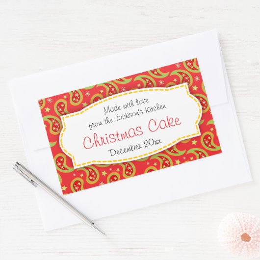 クリスマスケーキペイズリーレッドフードラベルシール 長方形シール (封筒)