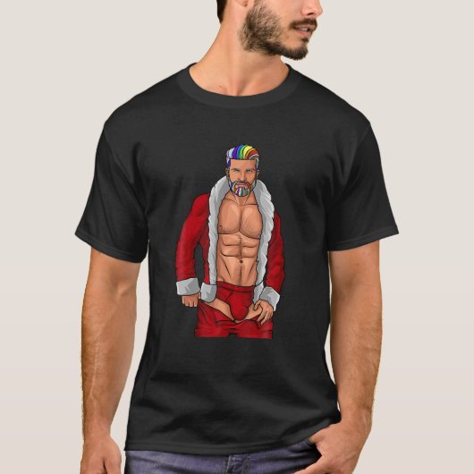 クリスマスゲイサンタクロースLGBTQレインボーおもしろいクリスマス Tシャツ (正面)