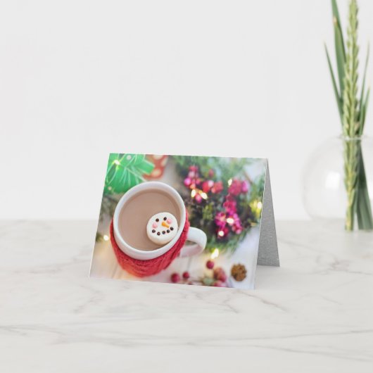 クリスマスココアのマグカップ、雪だるまマシュマロ カード (正面)