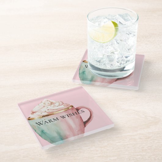 クリスマスココア金ゴールド赤面ピンクミントウォームウィッシュ ガラスコースター (アングル)