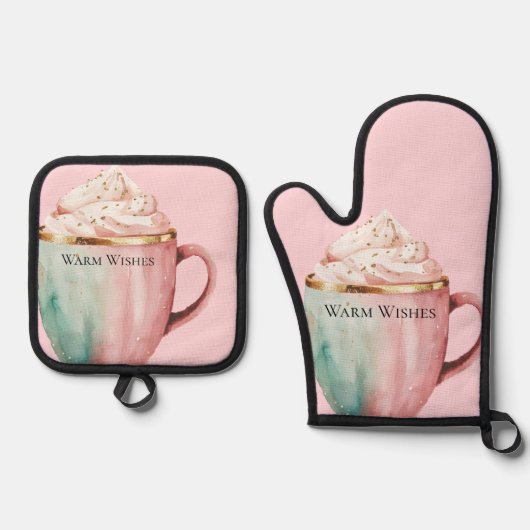 クリスマスココア金ゴールド赤面ピンクミントウォームウィッシュ 鍋つかみ&鍋敷きセット (正面)