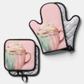 クリスマスココア金ゴールド赤面ピンクミントウォームウィッシュ 鍋つかみ&鍋敷きセット (正面/裏面)