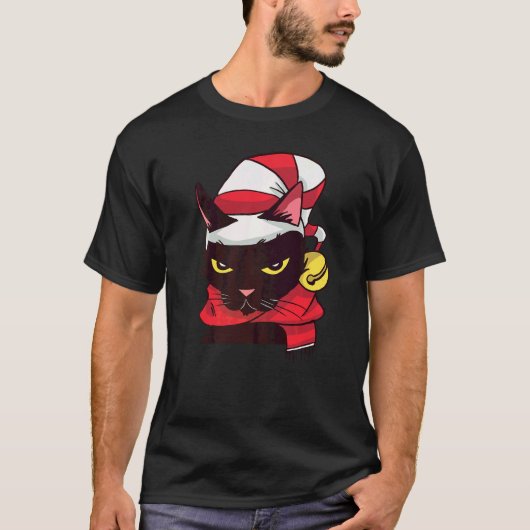 クリスマスコスチューム 帽子 マフラー 怒った猫 Tシャツ (正面)