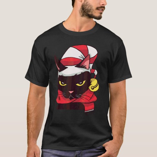 クリスマスコスチューム 帽子 マフラー 怒った猫 Tシャツ (正面)
