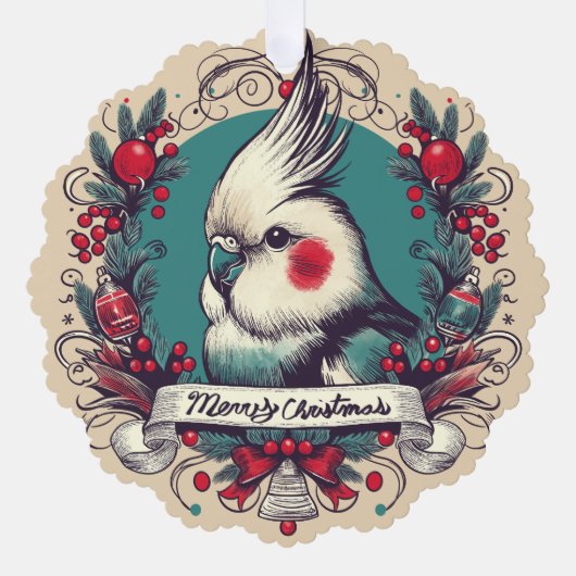 クリスマスコッカティエルホリデーリースペットバードネーム オーナメントカード (正面)