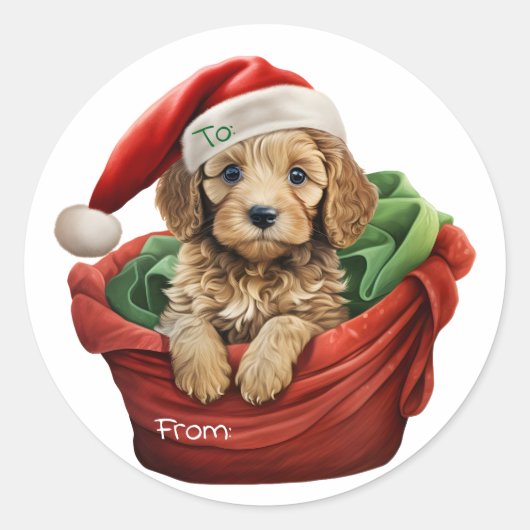 クリスマスコッカプー子犬ステッカー ラウンドシール (正面)
