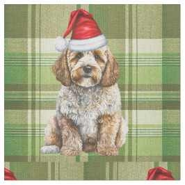 クリスマスコックパプー犬と緑の格子模様の休日 ファブリック
