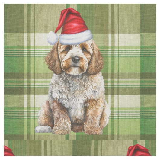 クリスマスコックパプー犬と緑の格子模様の休日 ファブリック (クローズアップ)