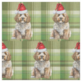 クリスマスコックパプー犬と緑の格子模様の休日 ファブリック (見本)