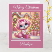 クリスマスコテージで愛らしいピンクの子犬 カード (黄色い花)