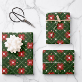 クリスマスコテージコア風チェック柄と赤い花のクロス ラッピングペーパーシート