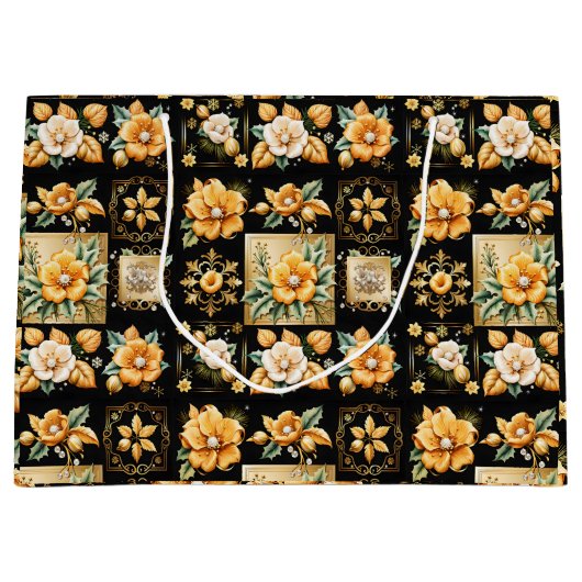 クリスマスコラージュと金ゴールドと白い花 ラージペーパーバッグ (正面)