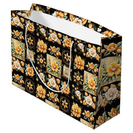 クリスマスコラージュと金ゴールドと白い花 ラージペーパーバッグ (裏面アングル)