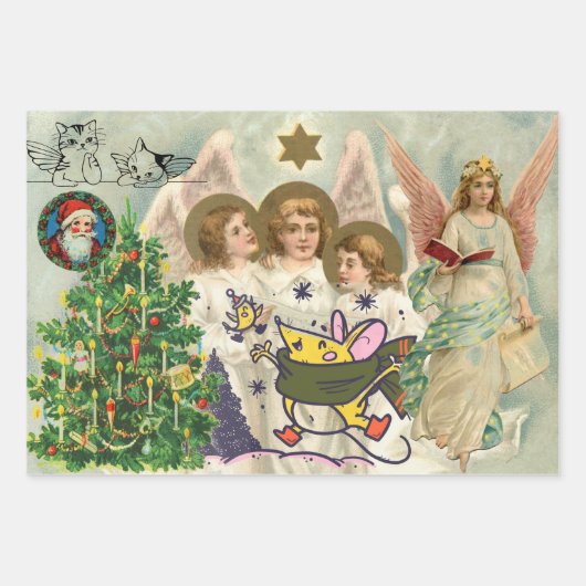 クリスマスコラージュ包装紙シート3セット ラッピングペーパーシート (正面)