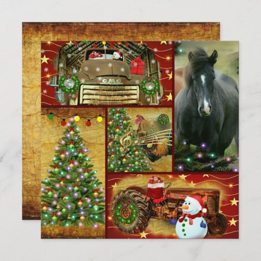 クリスマスコラージュ馬霜の降りたヴィンテージトラック シーズンカード (正面/裏面)
