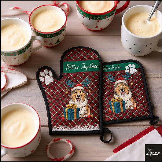 クリスマスコリー犬トナカイギフトグラフィック 鍋つかみ&鍋敷きセット