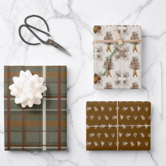 クリスマスコレクション |グリーンプレイド、フローラ、シダー ラッピングペーパーシート