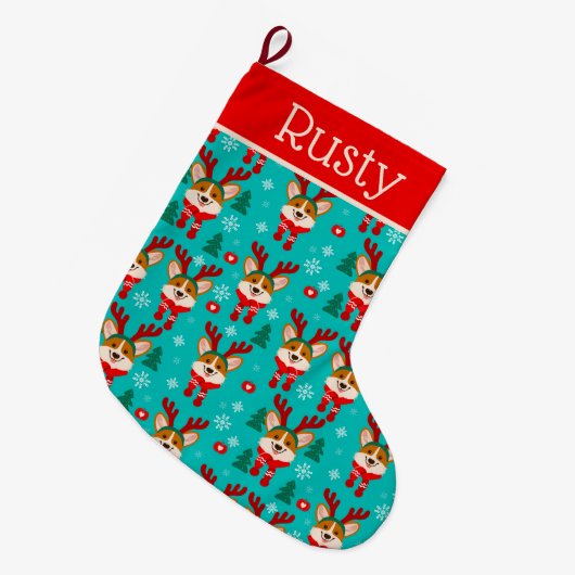 クリスマスコーギーの犬用ストッキング ラージクリスマスストッキング (正面 (吊り時))