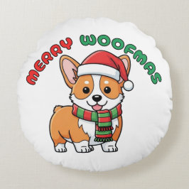 クリスマスコーギー円形クッション: メリーウーフマス ラウンドクッション