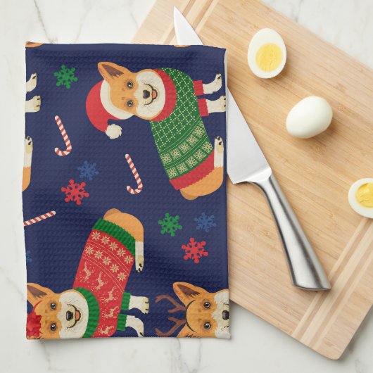 クリスマスコーギー:フェスティバルヴィンテージイラストレーション。 キッチンタオル (四つ折り)