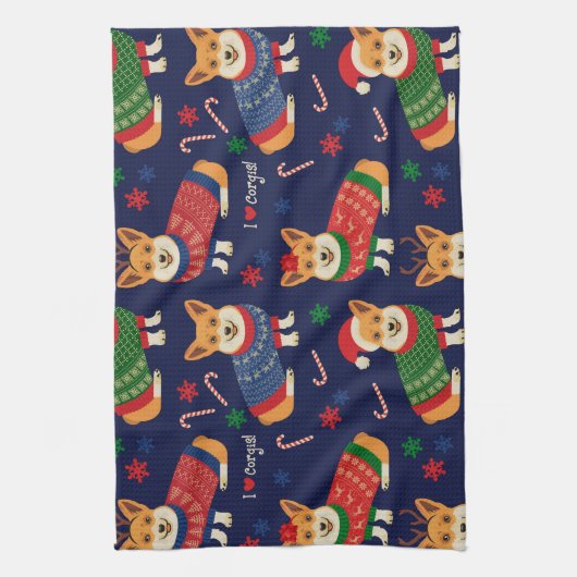 クリスマスコーギー:フェスティバルヴィンテージイラストレーション。 キッチンタオル (縦)