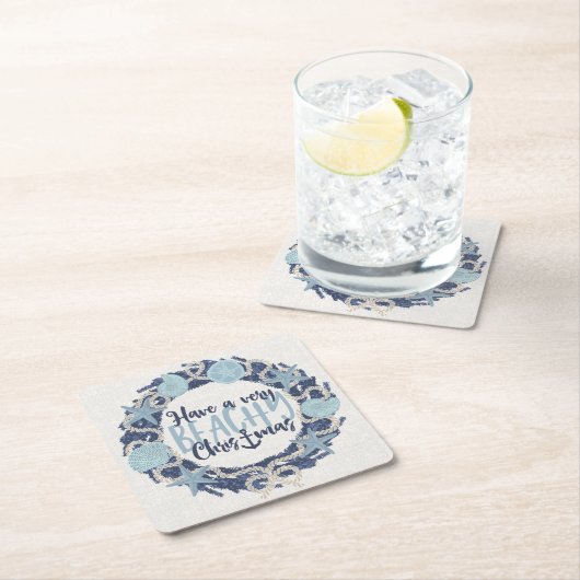 クリスマスコースタルトロピカルシーシェルリース – 青 スクエアペーパーコースター (インサイチュ)