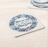 クリスマスコースタルトロピカルシーシェルリース – 青 スクエアペーパーコースター (アングル)