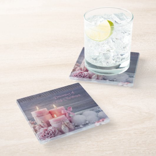 クリスマスコースター、ピンクのクリスマス ガラスコースター (アングル)