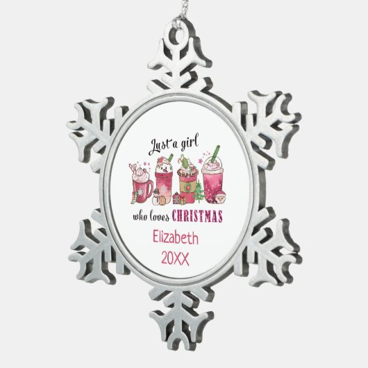 クリスマスコーヒーが大好きな女の子おもしろいトレンディー スノーフレークピューターオーナメント (右)