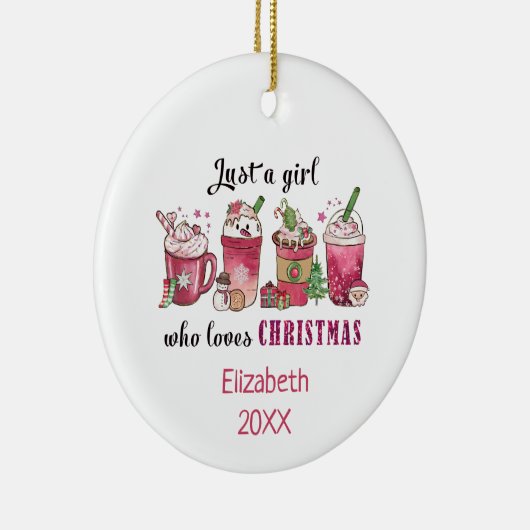 クリスマスコーヒーが大好きな女の子おもしろいトレンディー セラミックオーナメント (右)