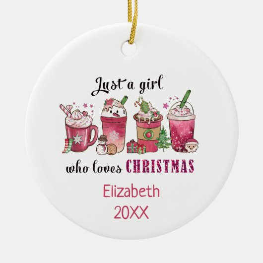 クリスマスコーヒーが大好きな女の子おもしろいトレンディー セラミックオーナメント (正面)