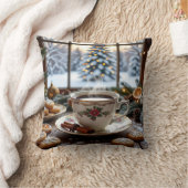 クリスマスコーヒーとクッキーの冬の窓のシーン クッション (ブランケット)