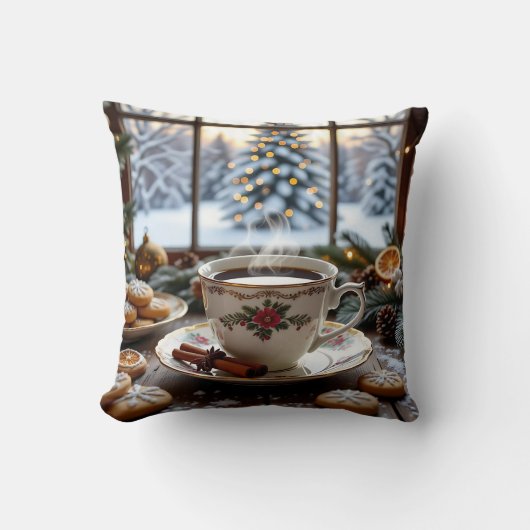 クリスマスコーヒーとクッキーの冬の窓のシーン クッション (正面)