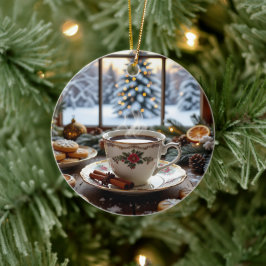 クリスマスコーヒーとクッキーの冬の窓のシーン セラミックオーナメント